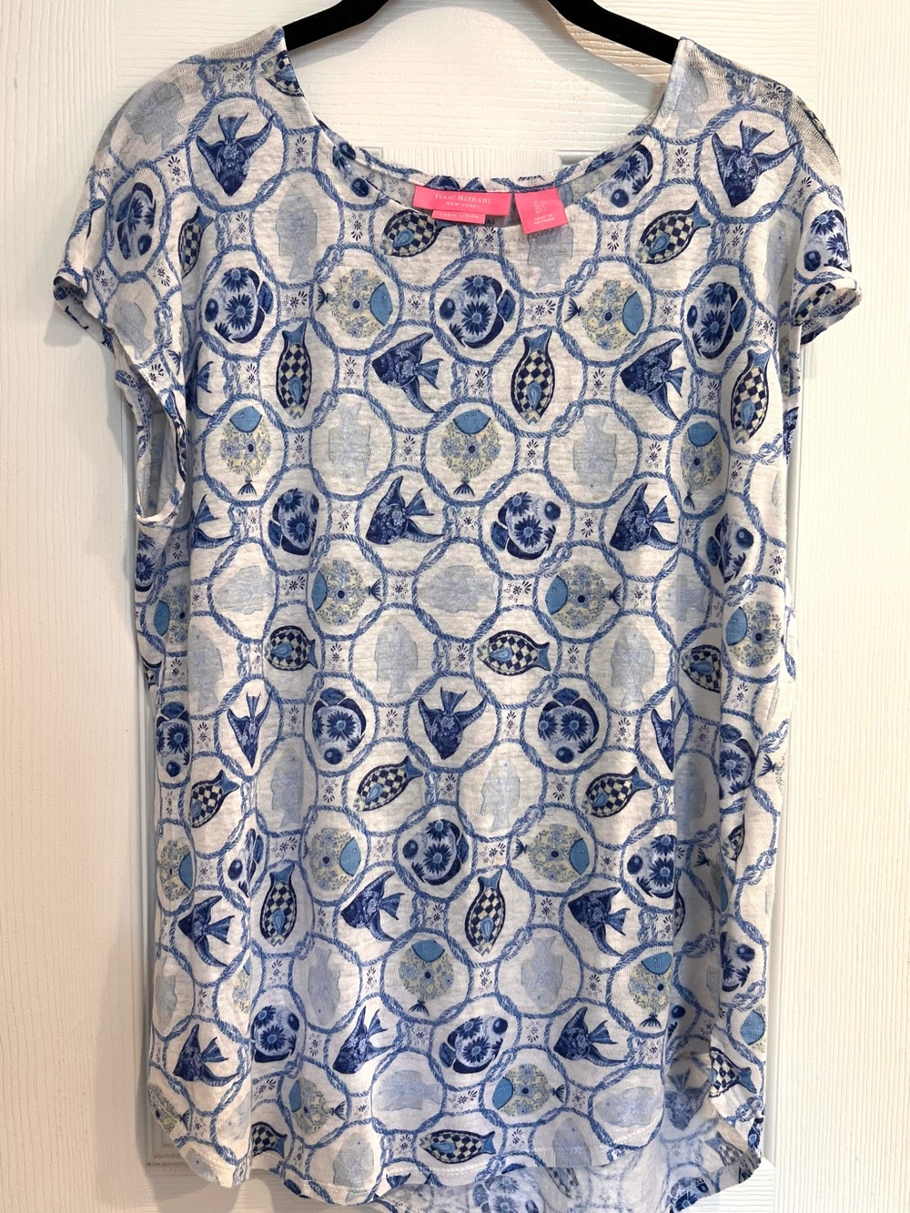 100% Linen Blue and White Novelty Geometric Fish Cap Sleeve Printed Blouse Top